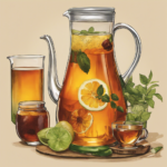 An image showcasing a glass pitcher filled with a gallon of refreshing, amber-hued kombucha, accompanied by an assortment of small tea bags – green, black, and herbal – inviting readers to explore the perfect blend for their homemade batch