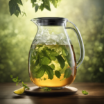 An image capturing a glass pitcher filled with refreshing kombucha, surrounded by floating tea leaves