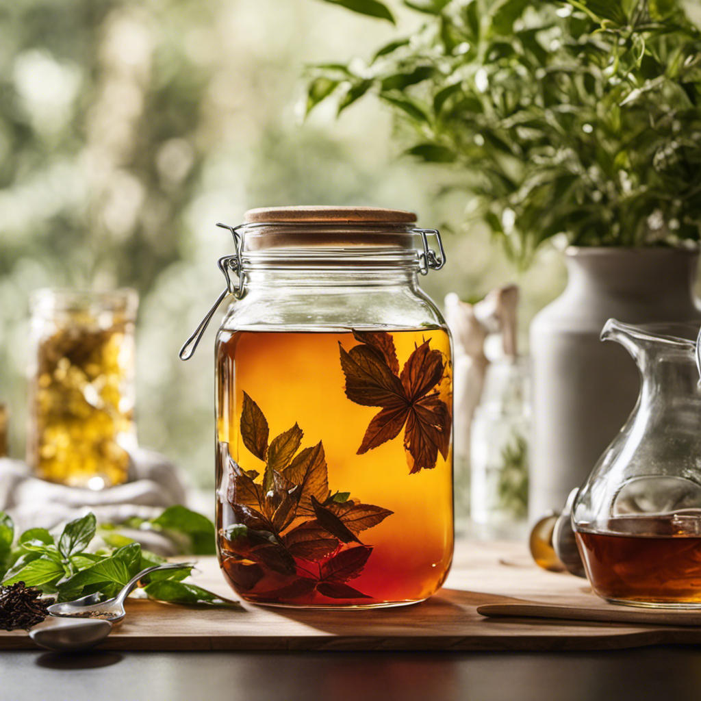 An image showcasing a clear glass gallon jar filled with vibrant amber kombucha, infused with loose tea leaves