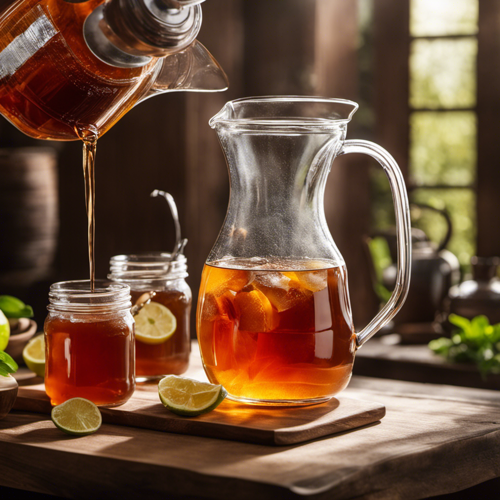 An image depicting a glass pitcher holding a gallon of Kombucha, with a measuring spoon pouring precisely measured tablespoons of tea into the pitcher, showcasing the perfect tea-to-gallon ratio for brewing Kombucha