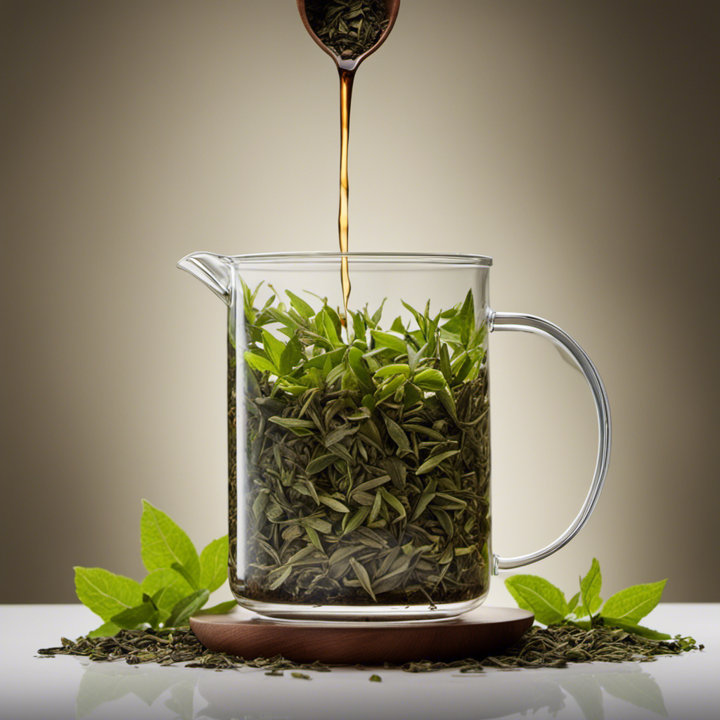 An image showcasing a glass measuring cup filled with loose tea leaves, a tablespoon, and multiple teaspoons
