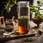 An image showcasing a glass jar filled with precisely measured tablespoons of loose tea leaves, accompanied by a measuring spoon, a timer, and a brewing kettle, illustrating the process of determining the perfect amount of tea for a rejuvenating batch of Kombucha