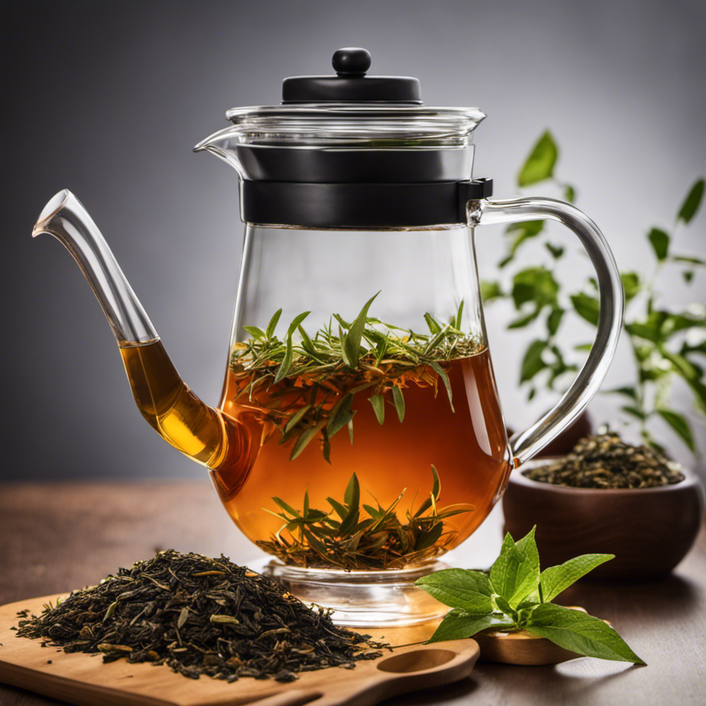 An image showcasing a glass pitcher filled with precisely measured loose tea leaves, a scale displaying the weight of the tea, and a measuring spoon pouring tea into a brewing jar filled with 1 gallon of kombucha