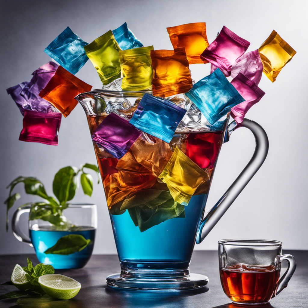 An image showcasing a glass pitcher filled with 14 cups of water, accompanied by 14 tea bags of various flavors steeping inside