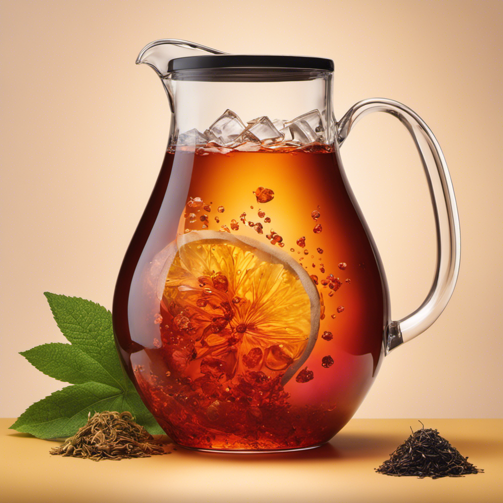 An image showcasing a glass pitcher filled with 2 quarts of sparkling amber Kombucha, adorned with two delicately-stitched tea bags, gently infusing the brew