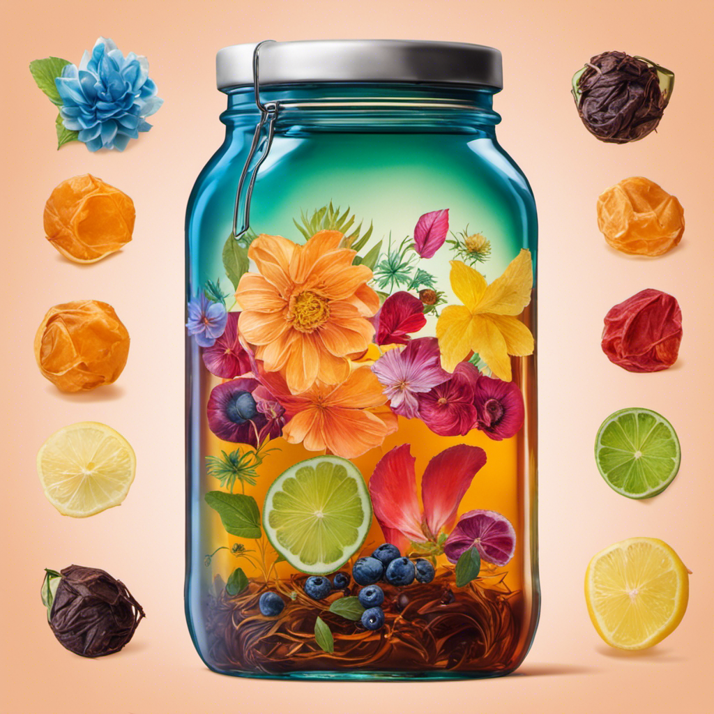An image showcasing a glass half-gallon jar filled with freshly brewed kombucha, surrounded by an assortment of colorful tea bags