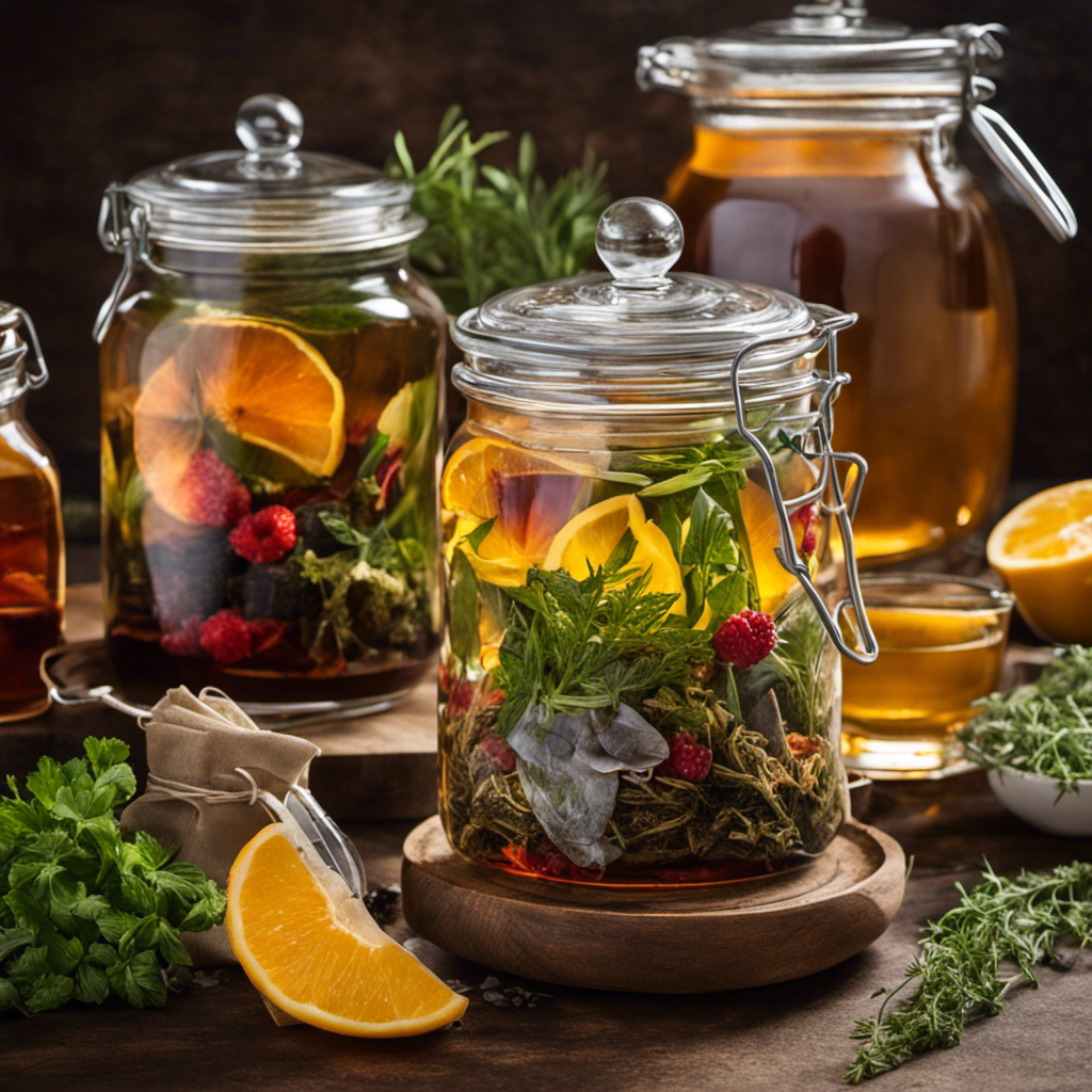 An image showcasing a glass jar filled with steeping tea bags, surrounded by a variety of fresh herbs and fruits, reflecting the art of kombucha brewing