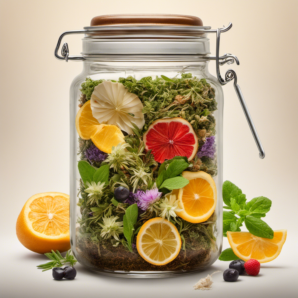 An image showcasing a glass jar filled with steeping tea bags, surrounded by a variety of fresh herbs and fruits, reflecting the art of kombucha brewing
