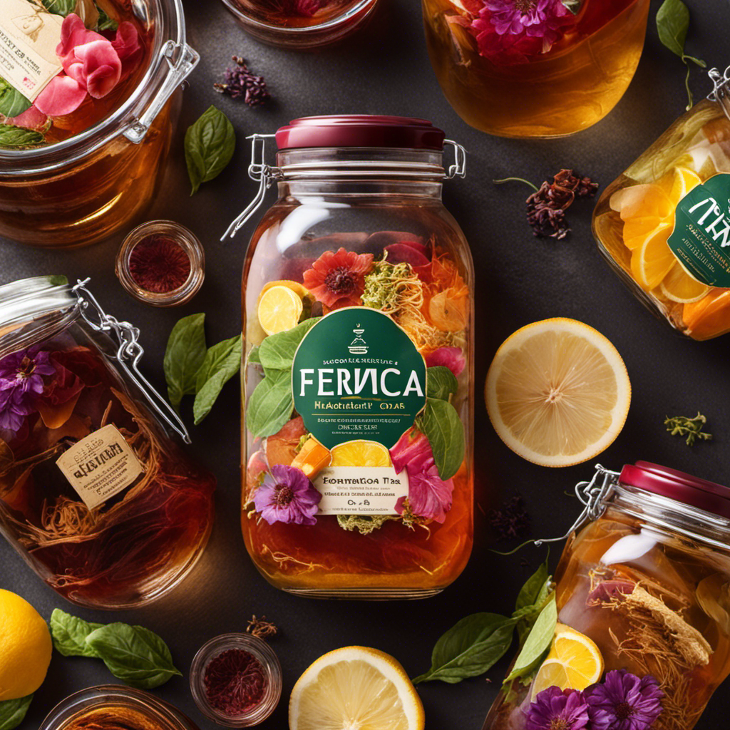 An image showcasing a large glass jar filled with precisely 40 tea bags of various flavors and colors submerged in 2 gallons of fermenting kombucha tea, emanating a rich aroma and displaying vibrant hues