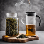 An image showcasing a glass jar filled with precisely measured loose tea leaves and several tea bags, alongside a measuring cup pouring boiling water into the jar, illustrating the perfect ratio for brewing one gallon of invigorating kombucha