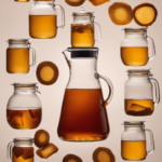 An image showing a large glass pitcher filled with amber-colored kombucha, with six tea bags floating on the surface