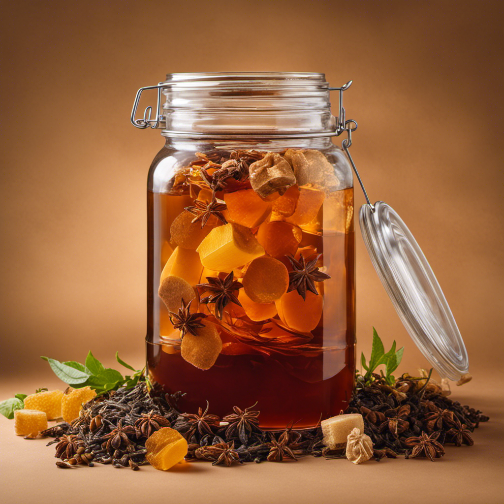 An image showcasing a gallon-sized glass jar filled with amber-hued kombucha, infused with multiple tea bags suspended in the liquid