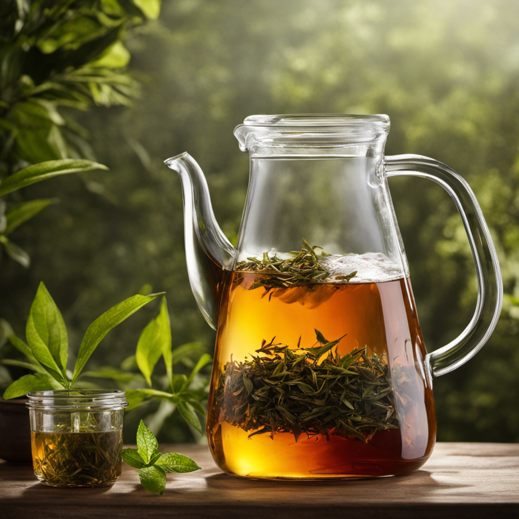 An image showcasing a glass pitcher filled with precisely measured loose tea leaves, accompanied by a stack of tea bags, indicating the ideal proportion required to brew a half-gallon of refreshing, homemade kombucha