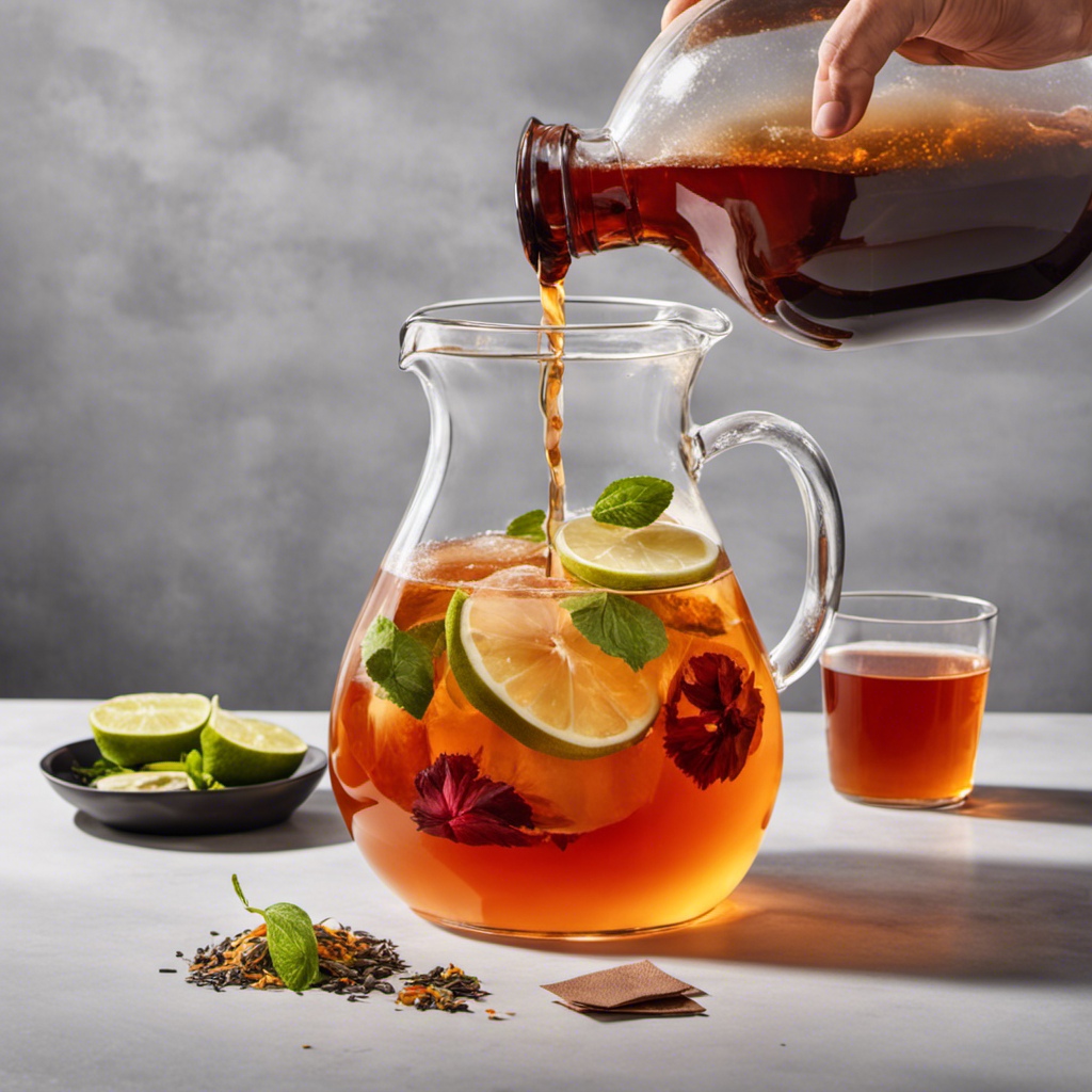 An image showcasing a glass pitcher filled with a vibrant gallon of kombucha, adorned with precisely six tea bags scattered nearby, beautifully illustrating the perfect tea-to-kombucha ratio for a tantalizing brew