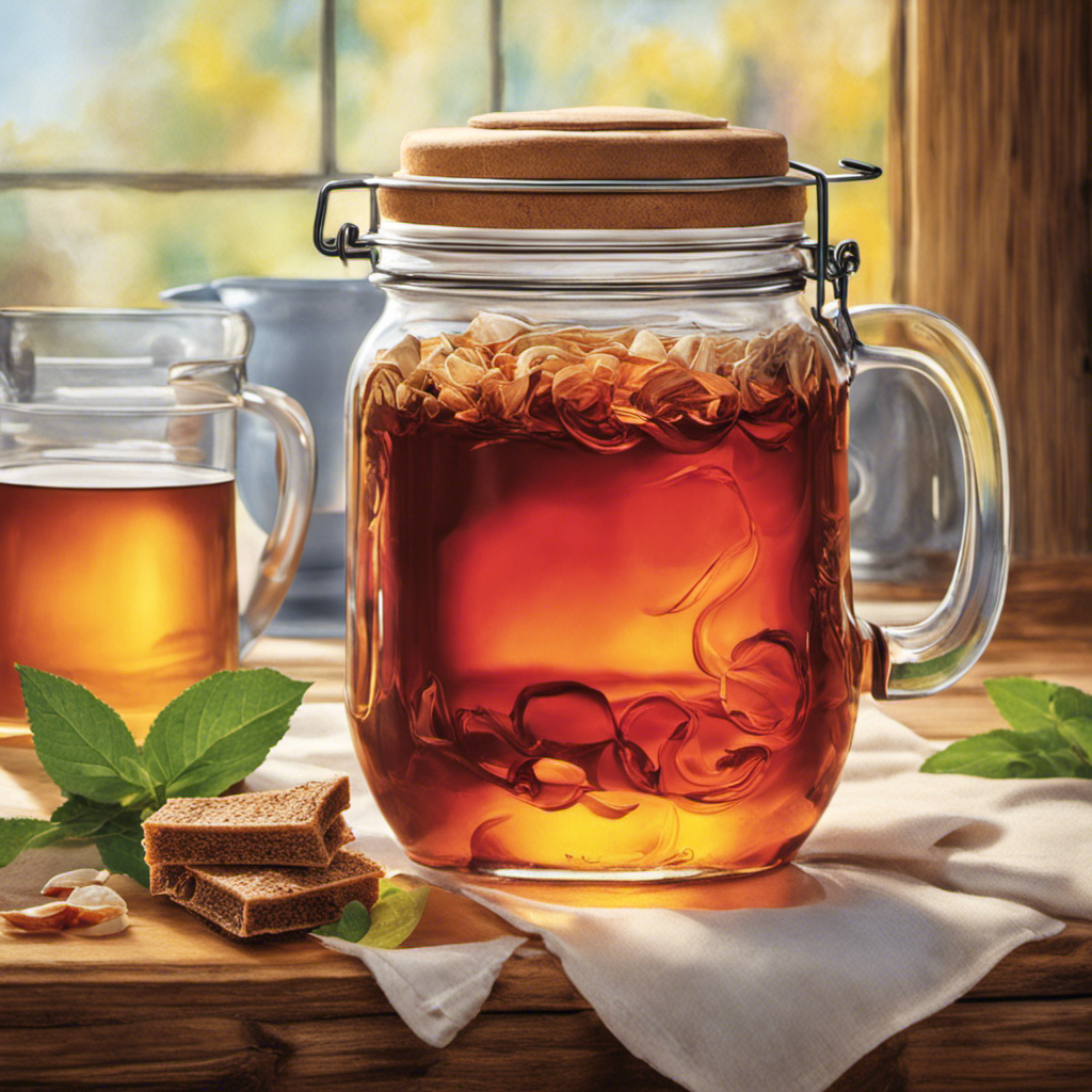 An image capturing a glass jar filled with freshly brewed kombucha, showcasing the perfect ratio of tea bags