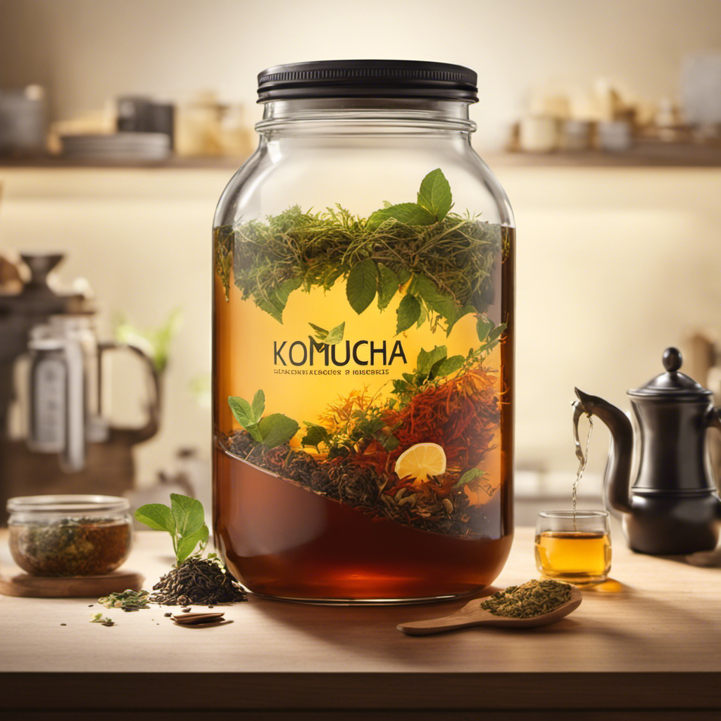 An image depicting a glass jar filled with freshly brewed Kombucha, showcasing a precise measurement of loose tea leaves being added, surrounded by various tea bags of different types and quantities