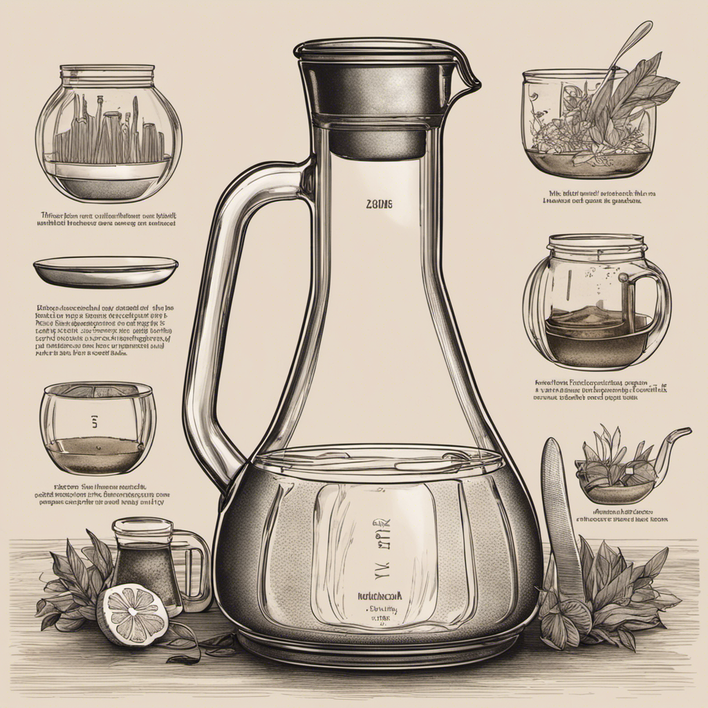 An image showcasing a glass pitcher filled with refreshing homemade kombucha, surrounded by a collection of precisely measured teaspoons of tea leaves, illustrating the perfect ratio needed for brewing a gallon-sized batch