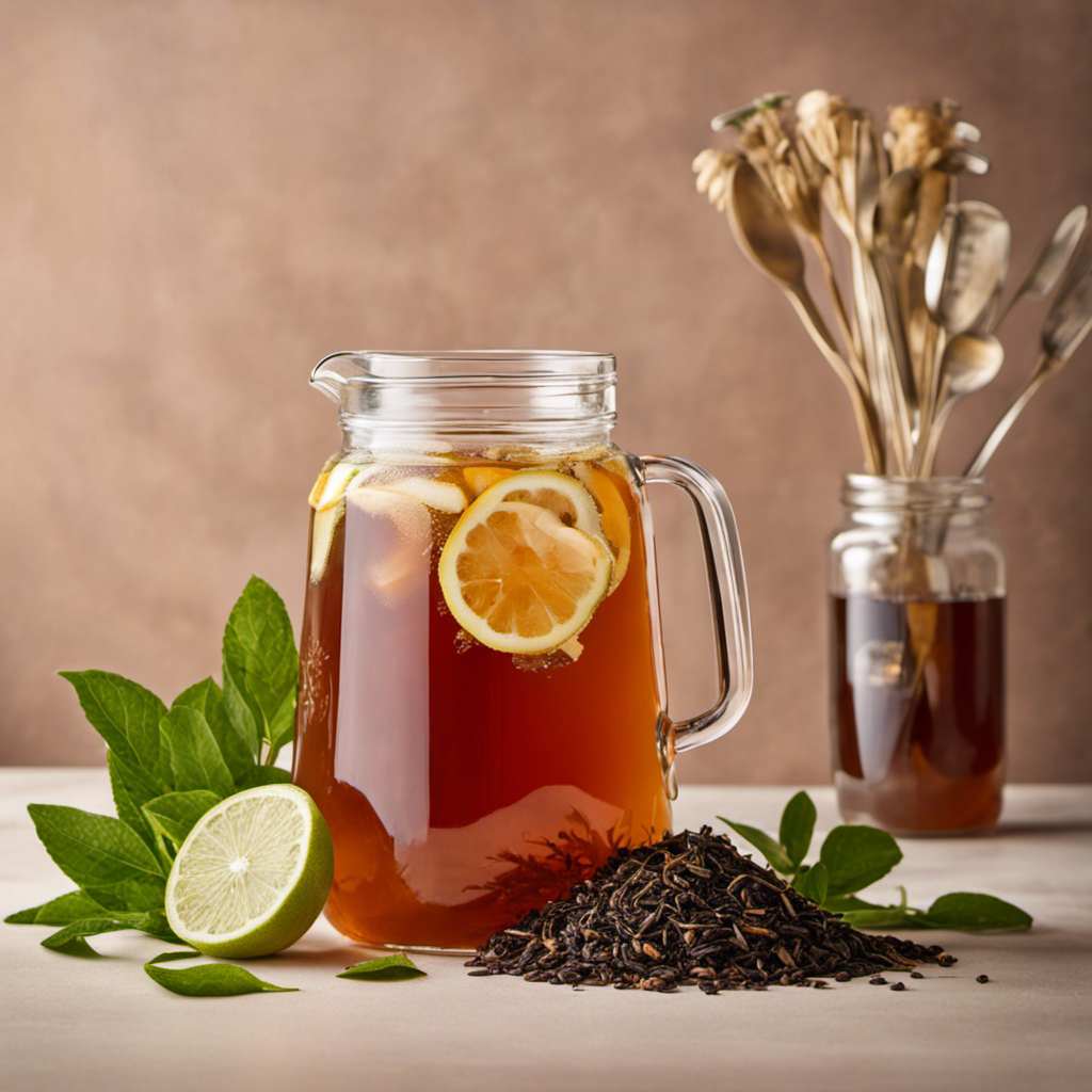 An image showcasing a glass pitcher filled with refreshing homemade kombucha, surrounded by a collection of precisely measured teaspoons of tea leaves, illustrating the perfect ratio needed for brewing a gallon-sized batch