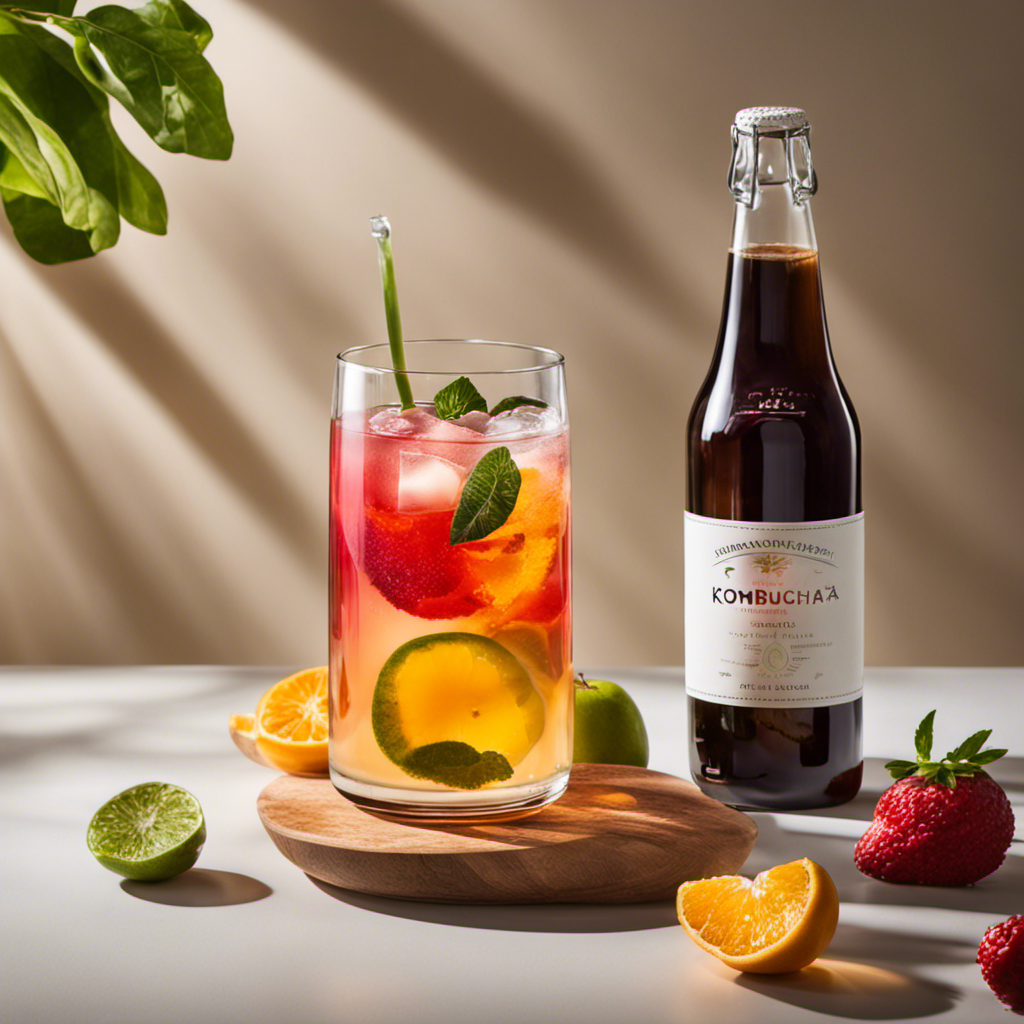 An image showcasing a glass filled with clear, effervescent kombucha tea, infused with vibrant fruits and herbs