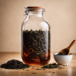 An image showcasing a glass jar filled with precisely measured loose black tea leaves, alongside a measuring spoon, water, and a 1-gallon jug, illustrating the process of brewing kombucha