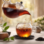 An image showcasing a glass filled with amber-hued Black Tea Kombucha, effervescence rising to the surface, while a steaming teapot teems with freshly brewed tea leaves in the background