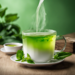 An image of a freshly brewed cup of green tea kombucha, with vibrant green hues and a delicate foam on top