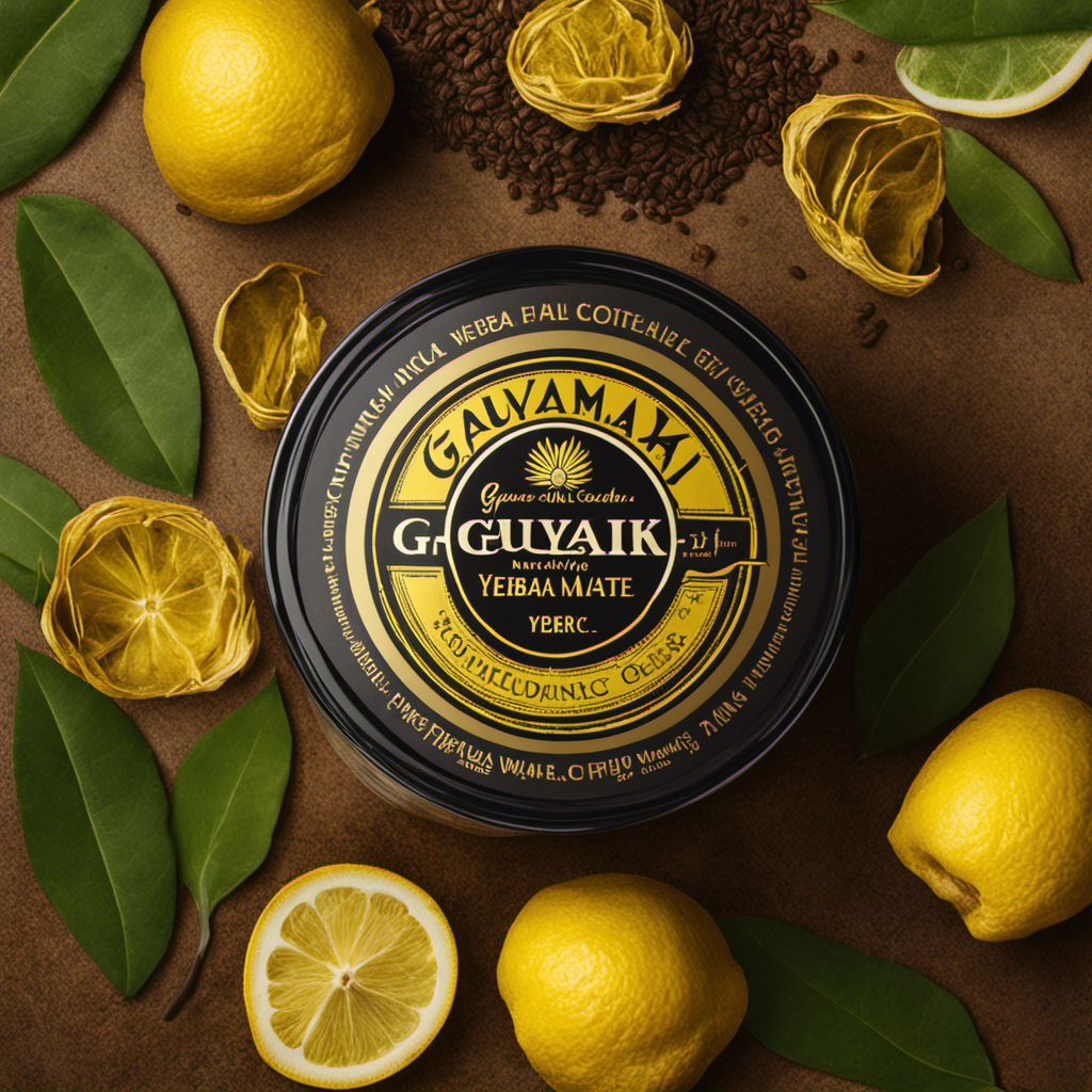 An image showcasing a steaming cup of Guayaki Yerba Mate Loose Leaf, with each leaf meticulously hand-picked and infused in hot water, emanating a rich golden hue, illustrating the invigorating caffeine content