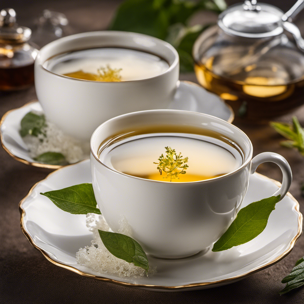 An image showcasing a serene white teacup filled with refreshing kombucha