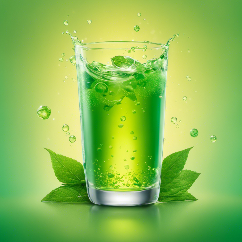 An image showcasing a glass of kombucha filled with vibrant green tea leaves, radiating a refreshing aura