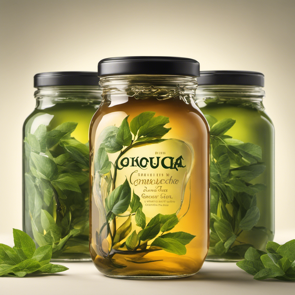 An image showcasing a glass jar filled with freshly brewed kombucha, adorned with vibrant green tea leaves gracefully swirling in the liquid, capturing the perfect balance of nature's flavors