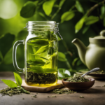An image showcasing a glass jar filled with freshly brewed green tea, accompanied by tea leaves and a measuring spoon, illustrating the precise amount needed for a perfect batch of refreshing and healthful kombucha