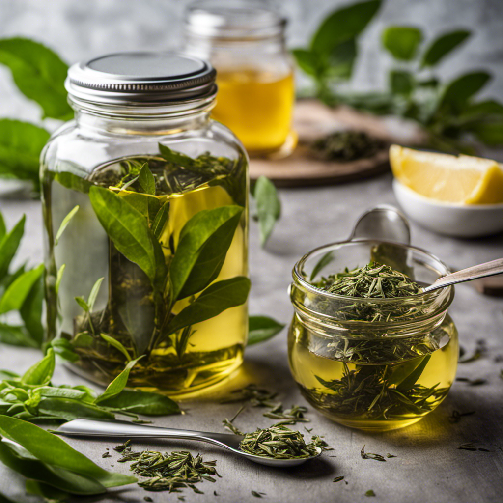 An image showcasing a glass jar filled with freshly brewed green tea, accompanied by tea leaves and a measuring spoon, illustrating the precise amount needed for a perfect batch of refreshing and healthful kombucha