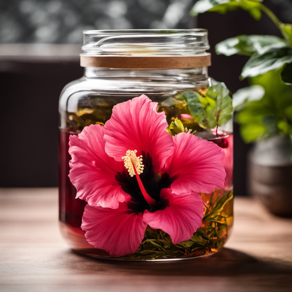 An image showcasing a glass jar filled halfway with fermenting Kombucha, adorned with vibrant hibiscus flowers floating on the surface, surrounded by delicate tea leaves and a thermometer measuring the ideal temperature