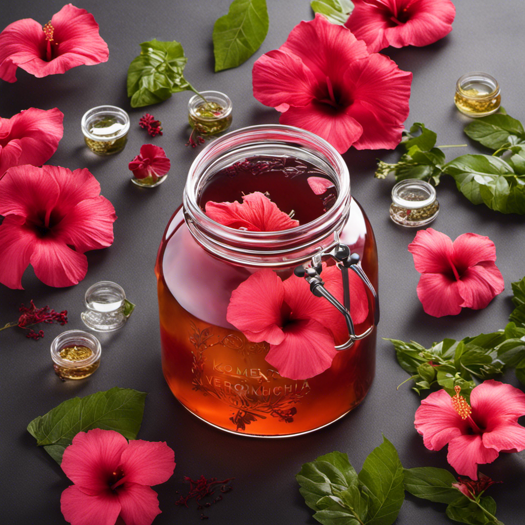 An image showcasing a glass jar filled halfway with fermenting Kombucha, adorned with vibrant hibiscus flowers floating on the surface, surrounded by delicate tea leaves and a thermometer measuring the ideal temperature