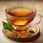 An image showcasing a glass teacup filled with warm, amber-hued tea
