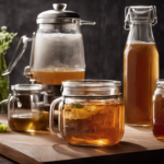 An image showcasing a clear glass jar filled with freshly brewed kombucha, featuring a precise pouring motion of starter tea from a measuring cup, capturing the moment just before it gracefully enters the jar