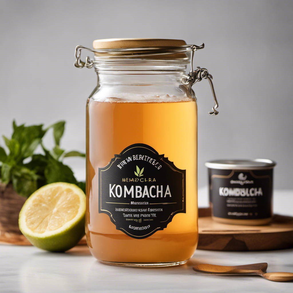 An image showcasing a glass jar filled with precisely measured kombucha tea, a measuring cup pouring a portion into a smaller jar, and a label indicating the reserved amount