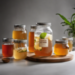 An image showcasing a glass jar filled with precisely measured kombucha tea, surrounded by various-sized empty glasses