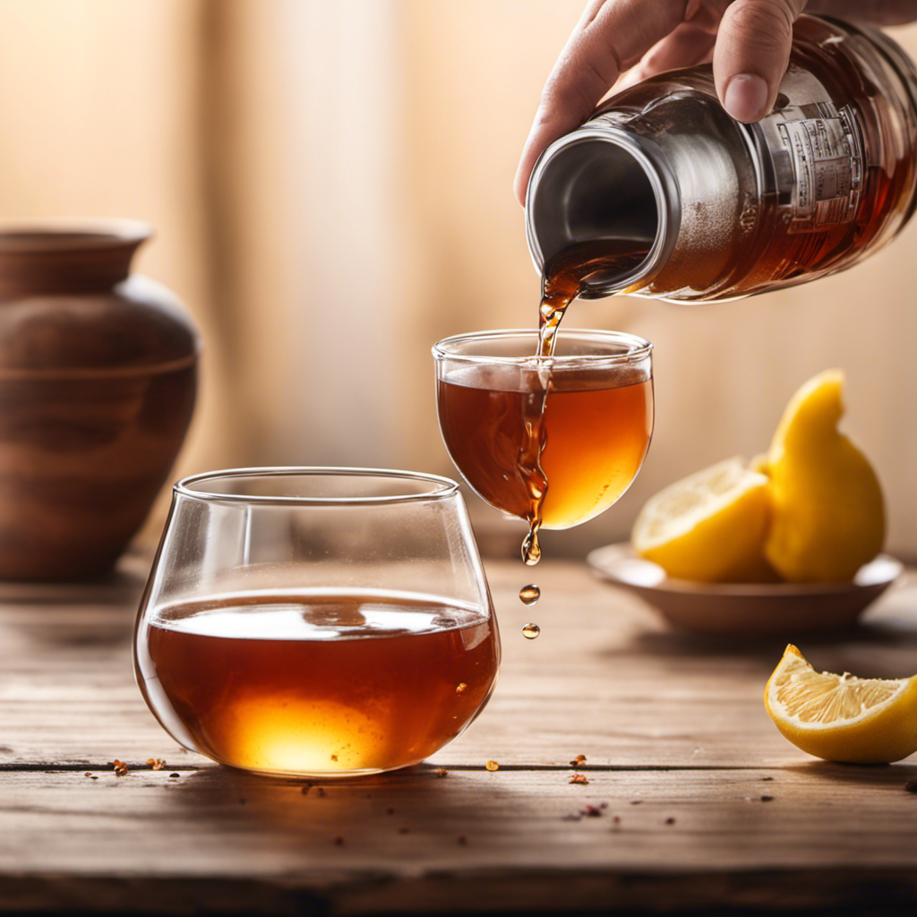 An image showing a person holding a glass of kombucha with a measuring cup pouring a precise amount of tea into it, emphasizing the perfect portion size