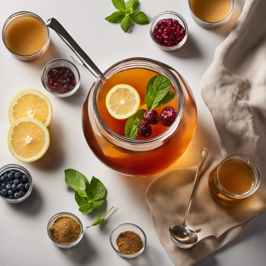 An image showcasing a glass filled with precisely measured Kombucha tea, surrounded by various measuring cups and spoons