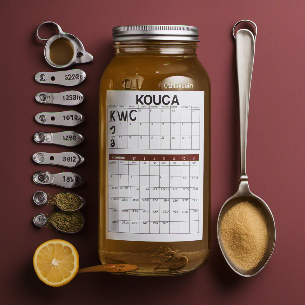 An image showcasing a glass jar filled with precisely measured kombucha tea, accompanied by a set of measuring spoons and a calendar, highlighting the ideal daily consumption amount
