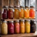 An image illustrating various-sized glass jars filled with vibrant, fizzy Kombucha tea, labeled with precise measurements