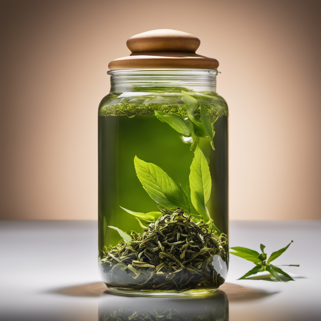 An image showcasing a glass jar filled with vibrant loose leaf green tea, delicately swirling in water as it steeps for kombucha brewing