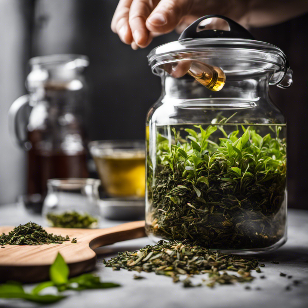 An image capturing the process of measuring loose leaf tea for kombucha, showcasing a precise digital scale with a heap of vibrant green tea leaves gently pouring into a glass jar
