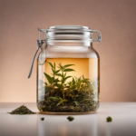 An image of a glass jar filled with loose leaf tea, carefully measured to the recommended ratio for making kombucha
