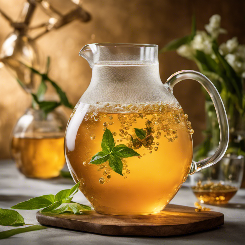 An image capturing the essence of loose leaf tea kombucha - a glass pitcher filled with golden-hued, effervescent liquid adorned with floating tea leaves and delicate bubbles, embraced by rays of soft sunlight