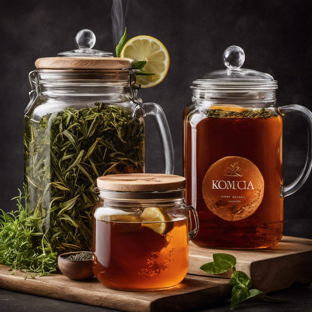 An image showcasing a glass jar filled with precisely measured loose leaf tea, steeping in cool water, as a hand gently pours filtered water into the jar to make 1 gallon of refreshing kombucha