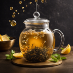 An image capturing a glass jar filled with loose leaf tea, immersed in a golden brew of kombucha