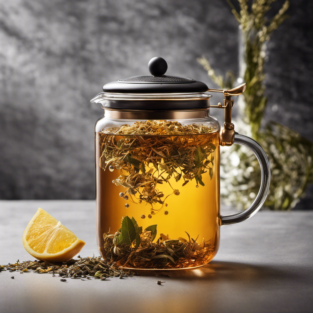 An image capturing a glass jar filled with loose leaf tea, immersed in a golden brew of kombucha