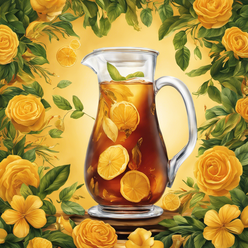 An image showcasing a glass pitcher filled with 1 gallon of refreshing golden kombucha